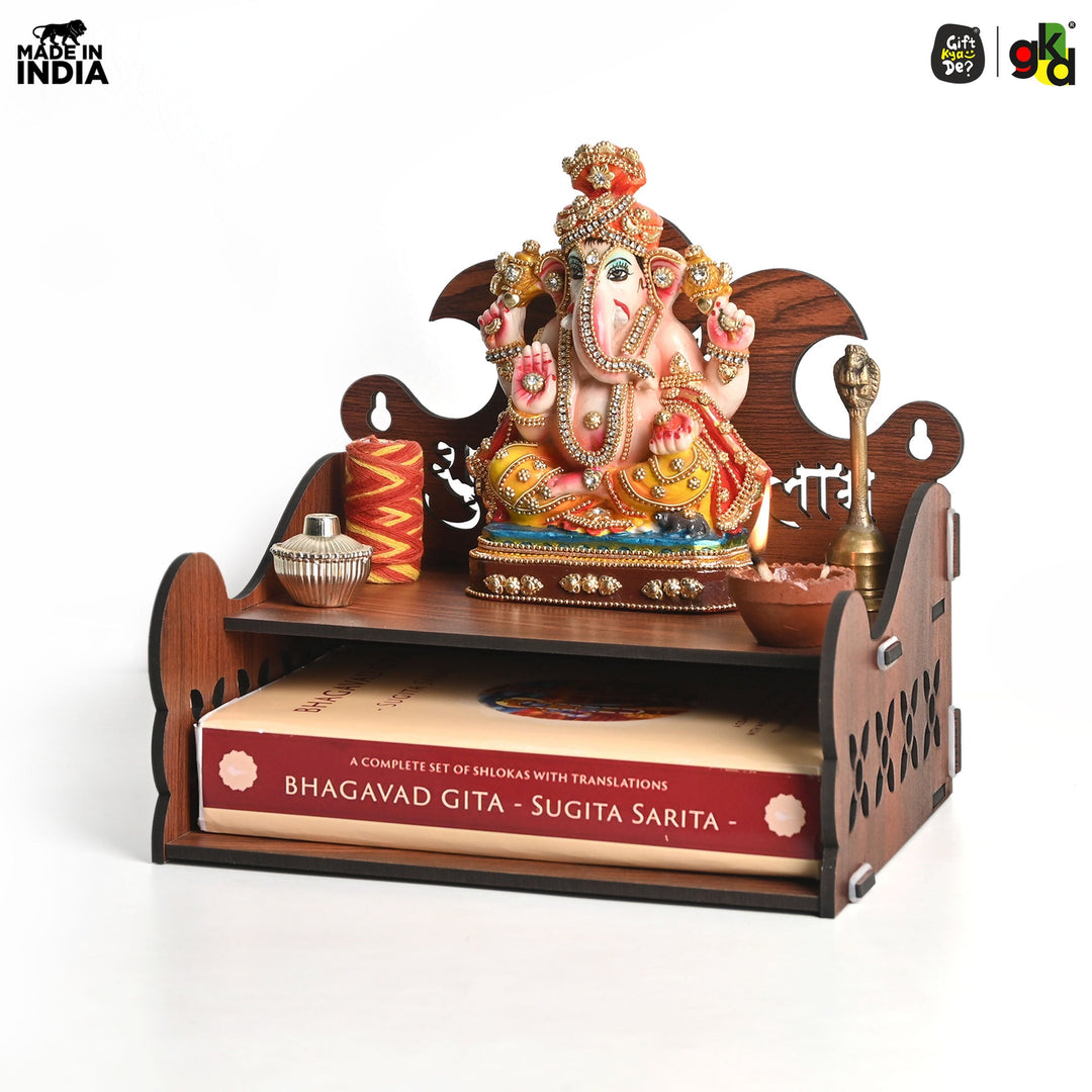 Wooden Shubh Labh Mandir With Utility Shelf | Small Pooja Temple for Table, Wall, or Shelf | DIY | 8x8x8.5 Inch - Suspire