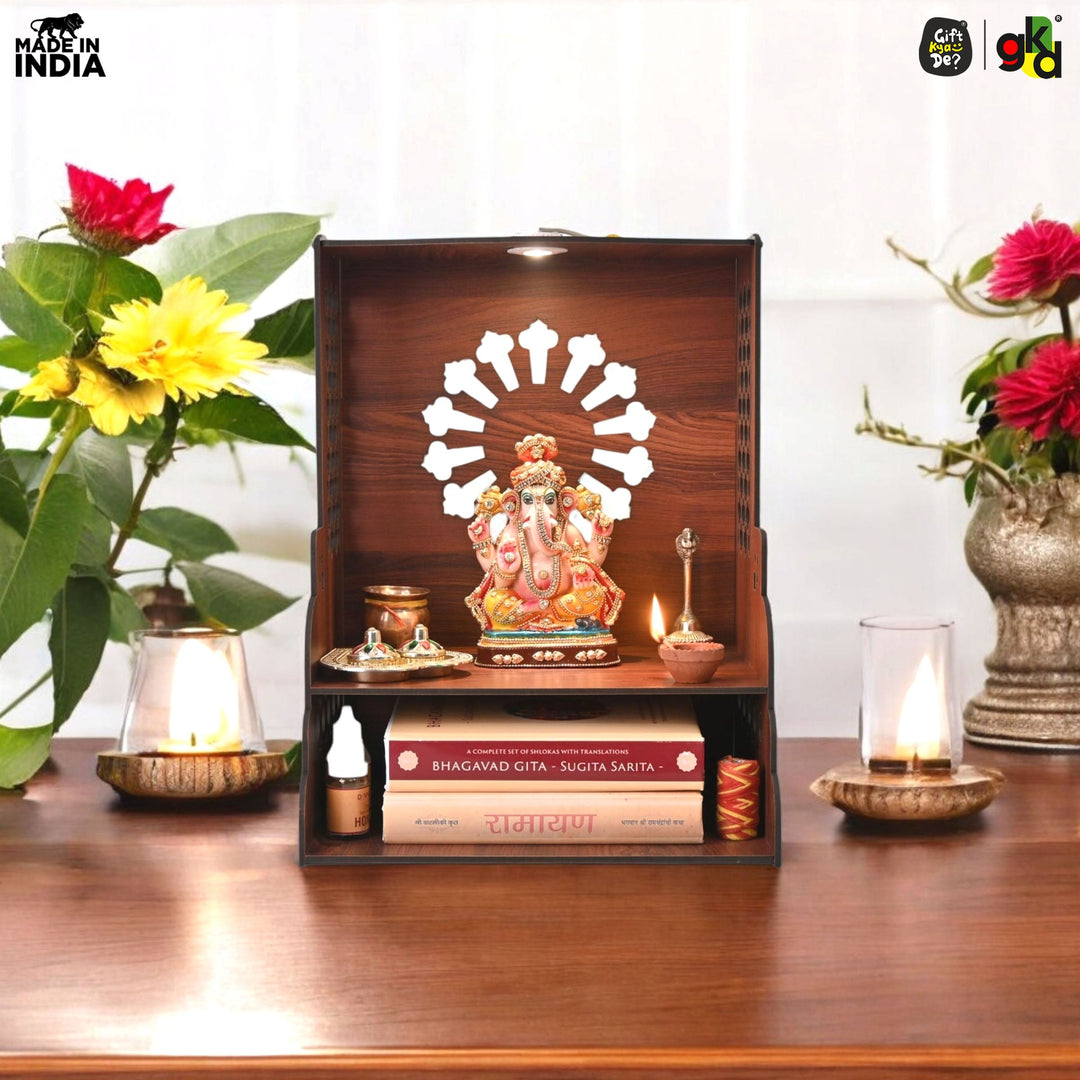 Wooden Temple for Home Wall Mounted with LED Light | Traditional & Modern Pooja Mandir Designs | Easy to Assemble (DIY) - Suspire