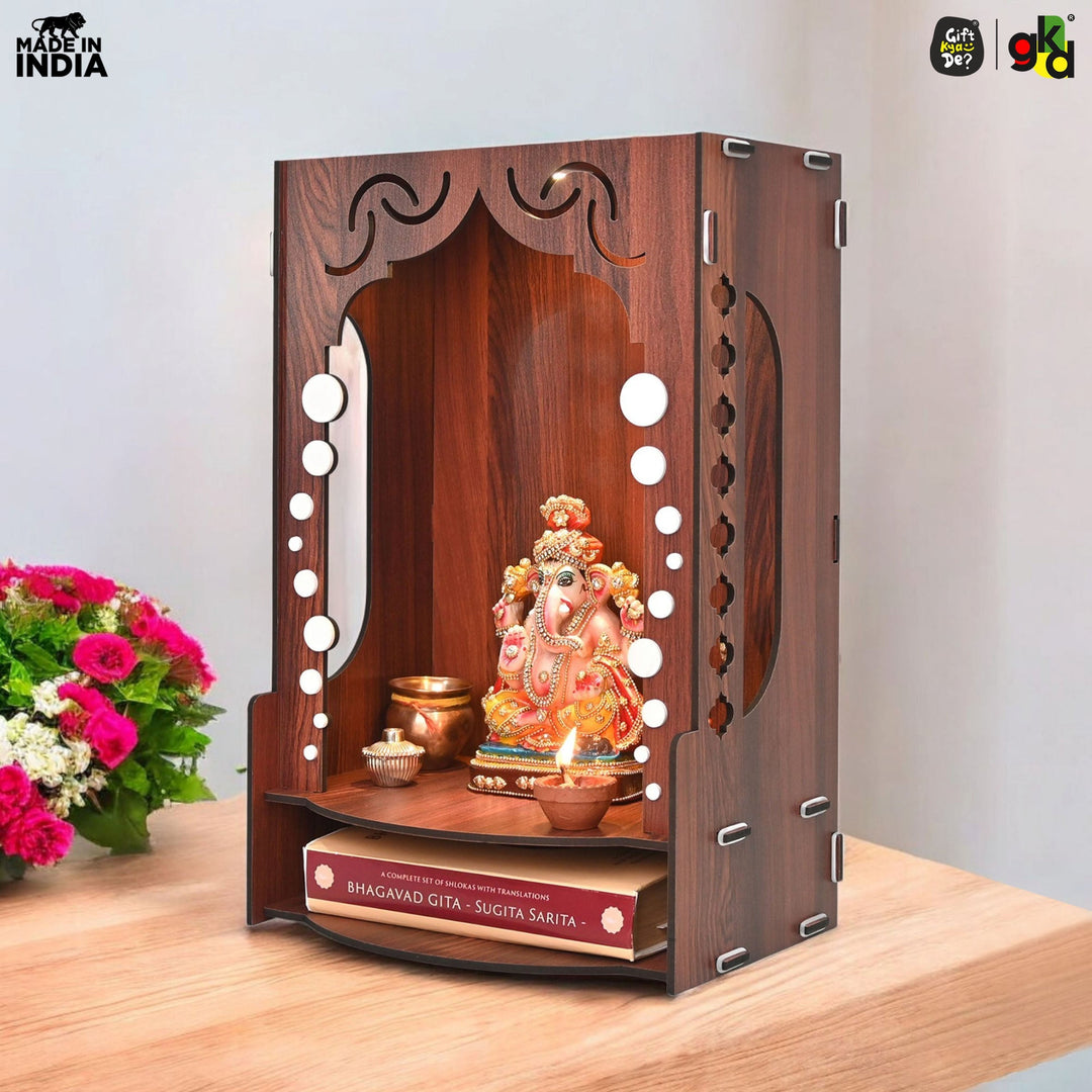 Wooden Temple for Home Wall Mounted with LED Light | Traditional & Modern Pooja Mandir Designs | Easy to Assemble (DIY) - Suspire