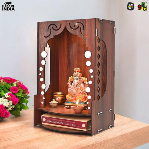 Wooden Temple for Home Wall Mounted with LED Light | Traditional & Modern Pooja Mandir Designs | Easy to Assemble (DIY)