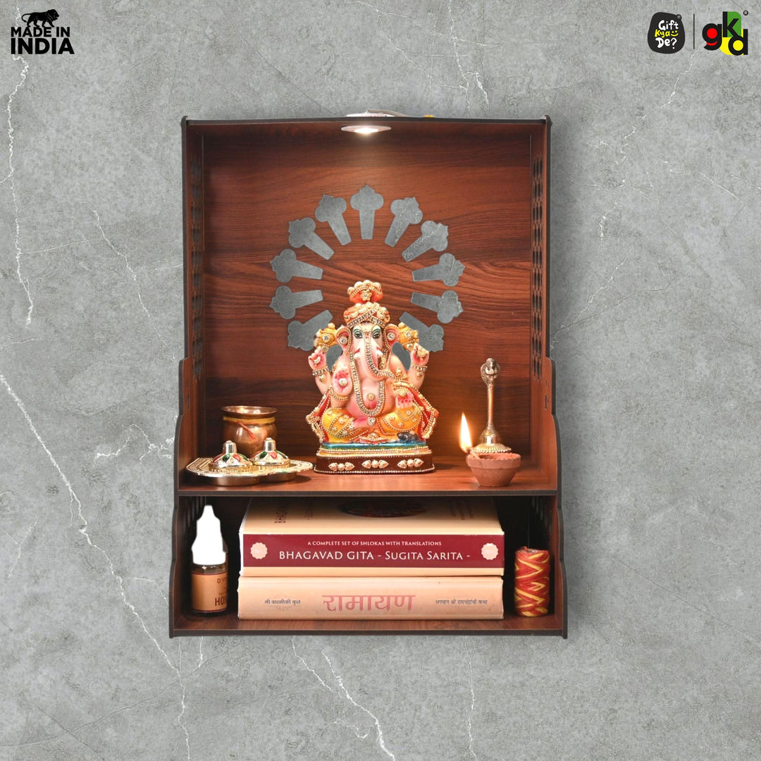 Wooden Temple for Home Wall Mounted with LED Light | Traditional & Modern Pooja Mandir Designs | Easy to Assemble (DIY) - Suspire