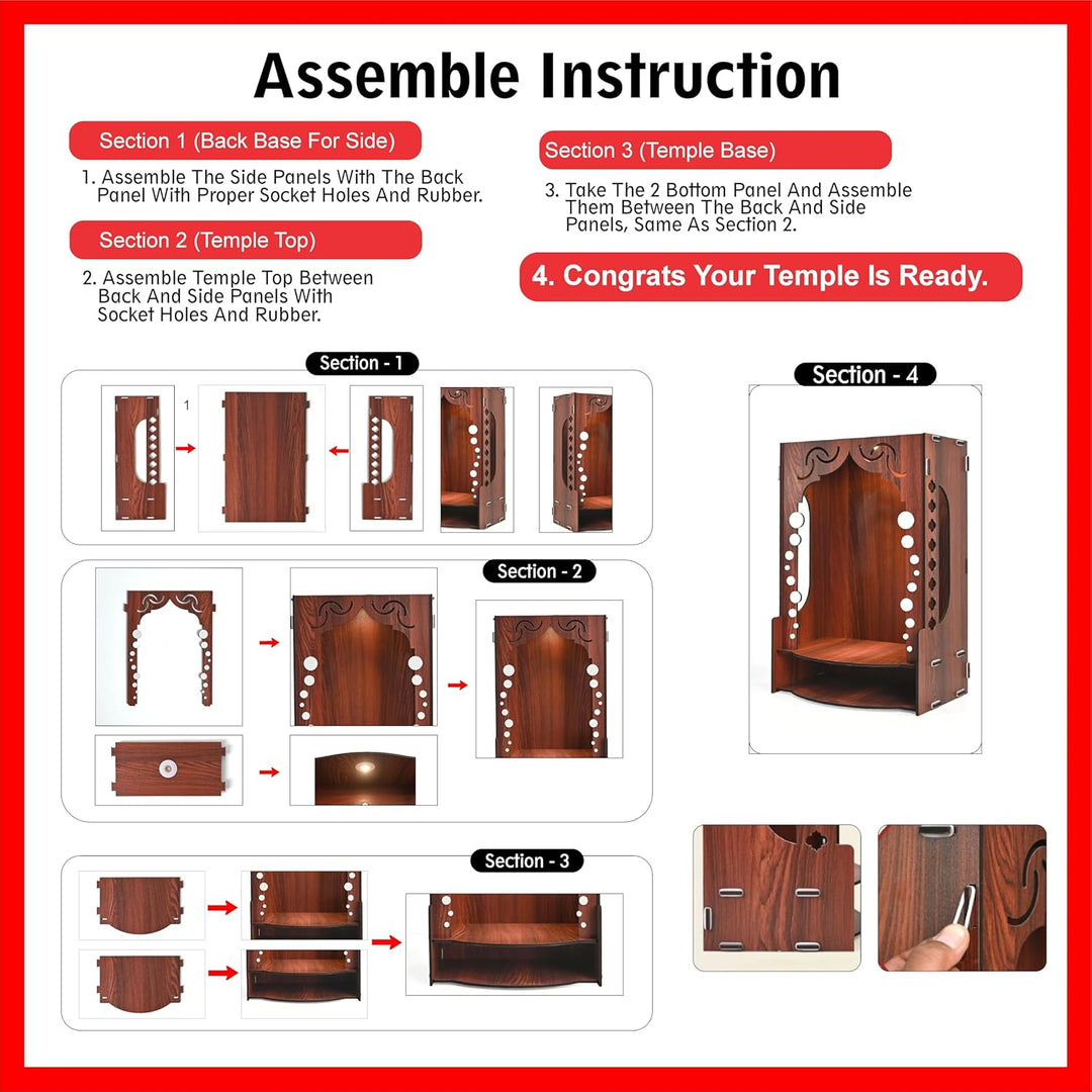 Wooden Temple for Home Wall Mounted with LED Light | Traditional & Modern Pooja Mandir Designs | Easy to Assemble (DIY) - Suspire