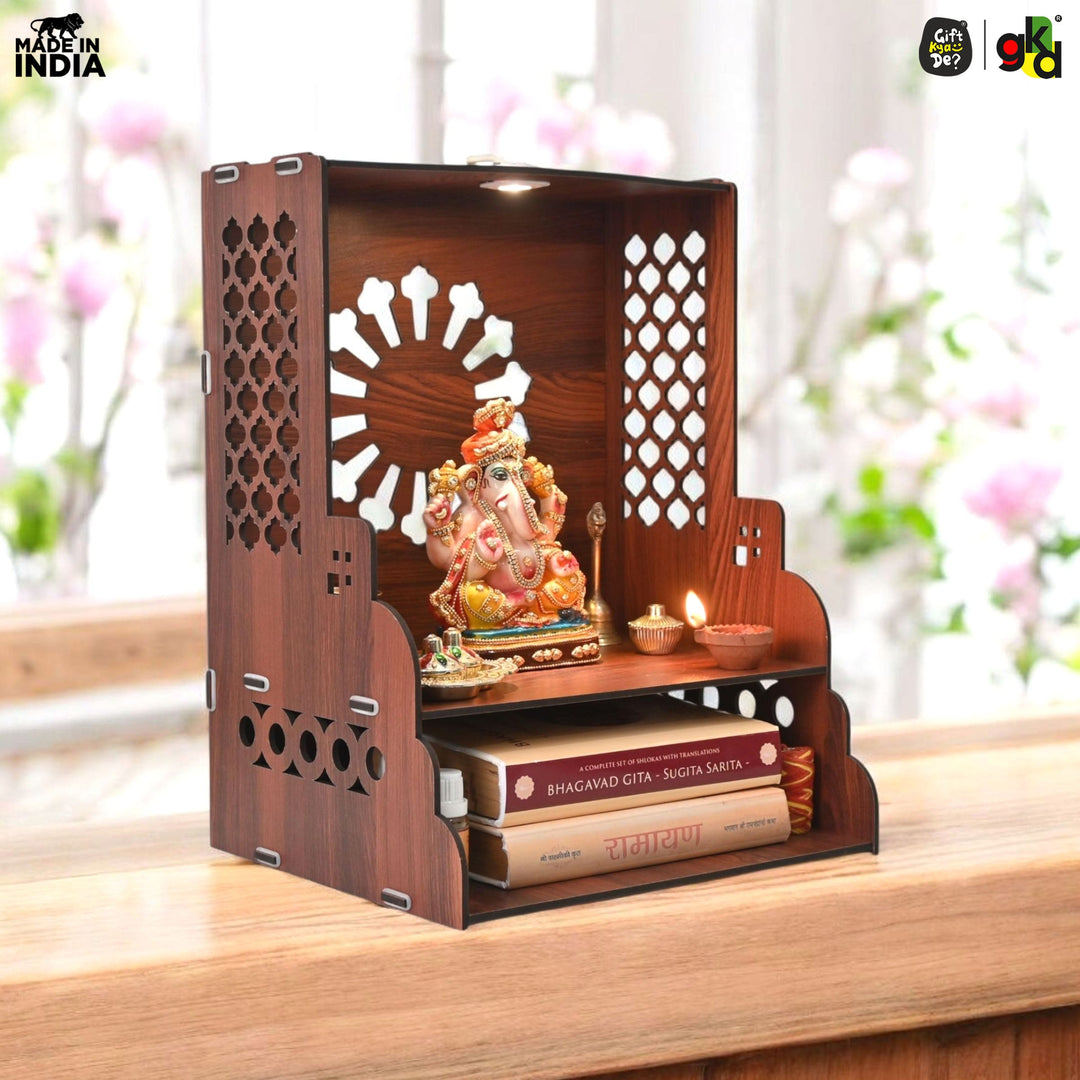 Wooden Temple for Home Wall Mounted with LED Light | Traditional & Modern Pooja Mandir Designs | Easy to Assemble (DIY) - Suspire