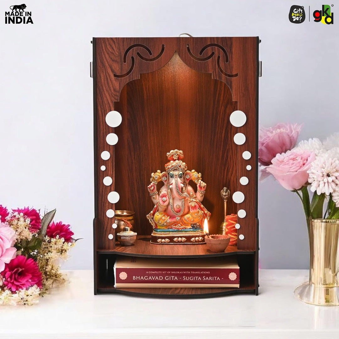 Wooden Temple for Home Wall Mounted with LED Light | Traditional & Modern Pooja Mandir Designs | Easy to Assemble (DIY) - Suspire