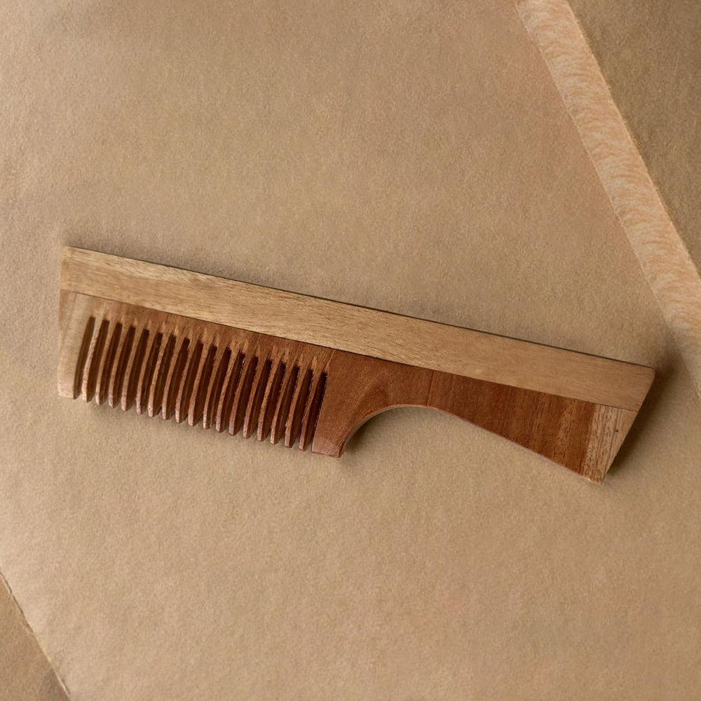 Kheoni Kacchi Neem Wooden Hair Comb with Handle for Men and Women, Wide Tooth, Natural Kacchi Neem Wood
