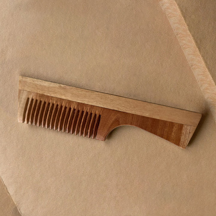Kheoni Kacchi Neem Wooden Hair Comb with Handle for Men and Women, Wide Tooth, Natural Kacchi Neem Wood