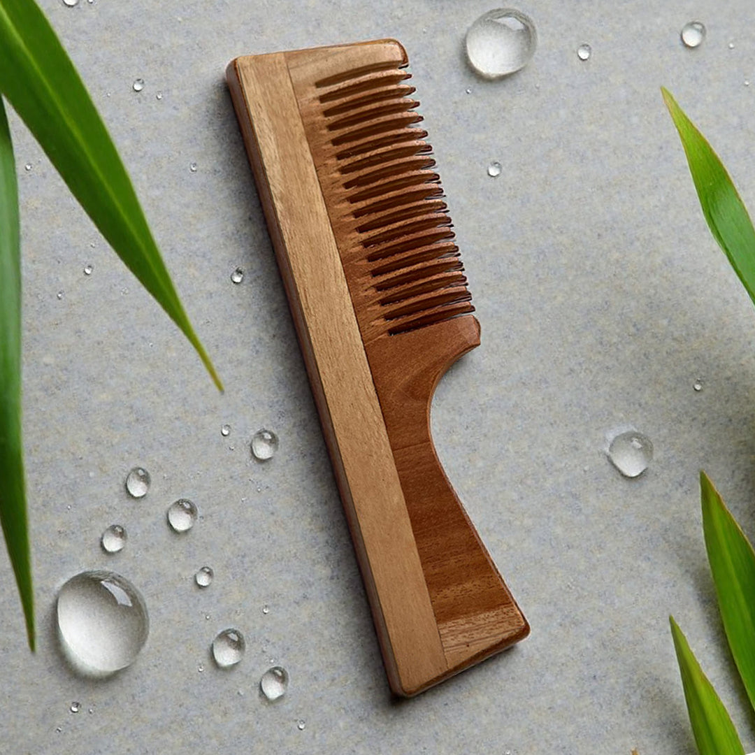 Kheoni Kacchi Neem Wooden Hair Comb with Handle for Men and Women, Wide Tooth, Natural Kacchi Neem Wood