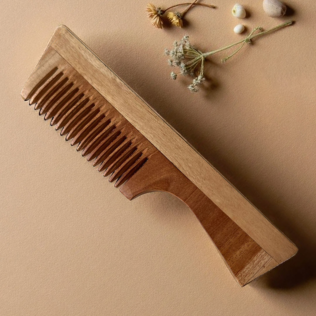 Kheoni Kacchi Neem Wooden Hair Comb with Handle for Men and Women, Wide Tooth, Natural Kacchi Neem Wood