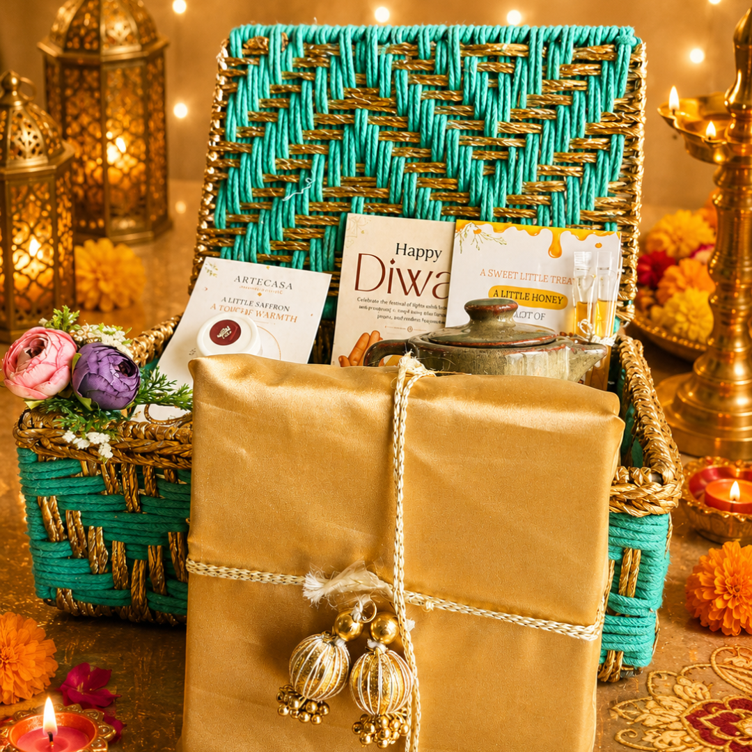 Green Chai & Diya Diwali Gift Basket – Festive Tea & Candle Hamper