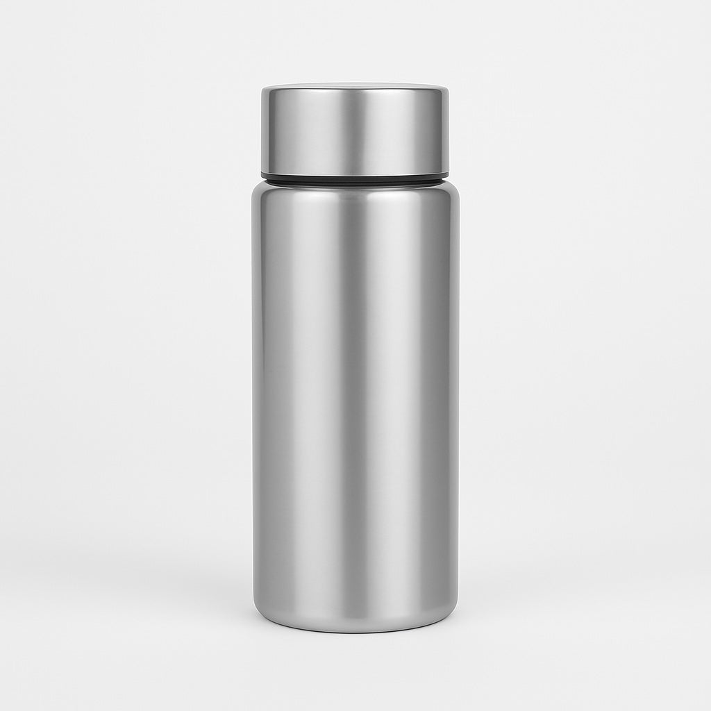 Stainless steel water bottle with silver cap on a light gray background