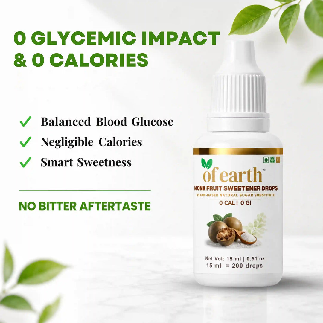 Of Earth Monk Fruit Sweetener | Pure Extract- No Erythritol, No Allulose | Zero- Glycemic Index Sugar Substitute | 1:1 Sugar Replacer for Tea, Coffee, Drinks | Plant-Based | Keto, Vegan & Diabetic Friendly | 1 drop = 1 spoon sugar | 15 ml