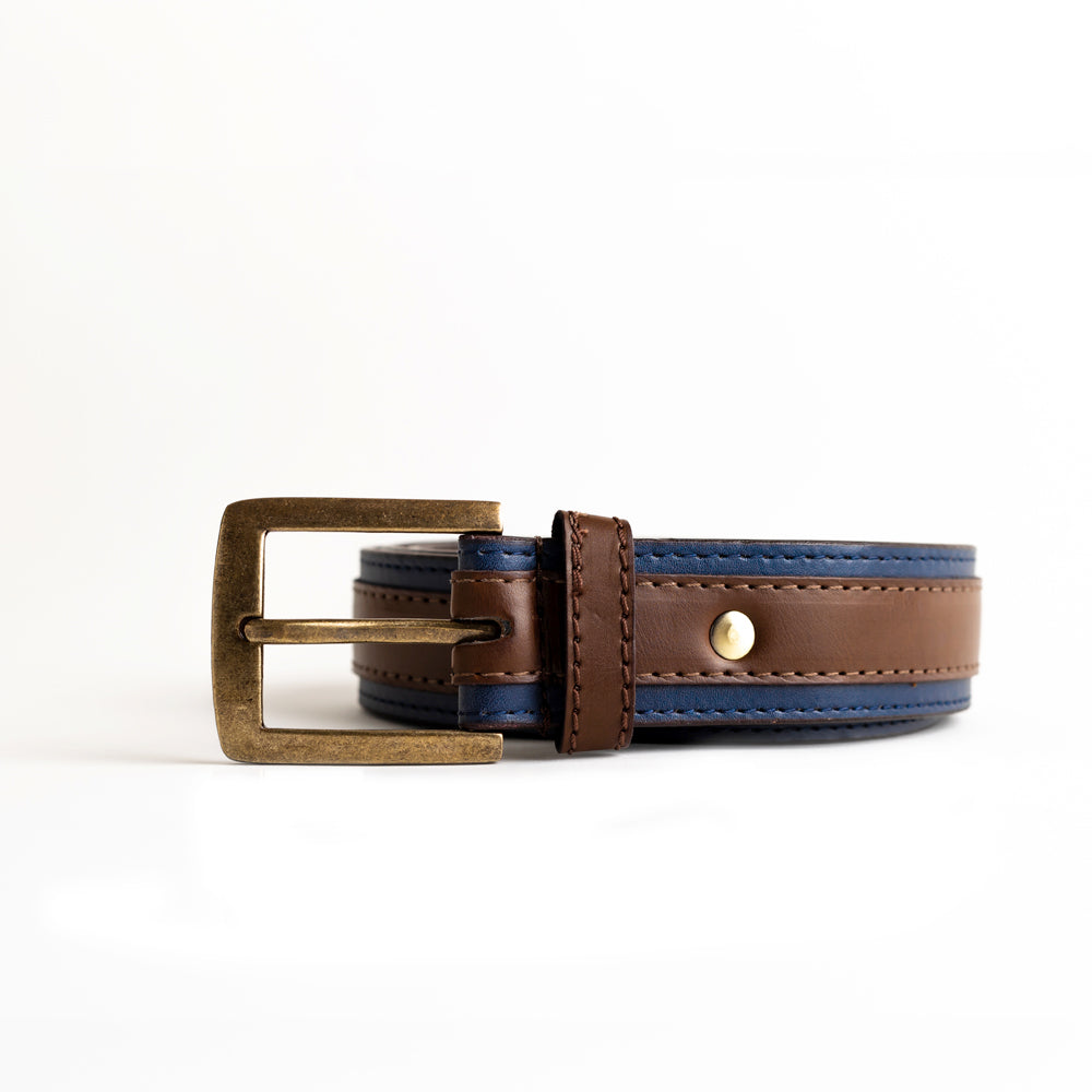 A vegan alternative MonkStory Dual Color Classic Mens Belt with a gold buckle.