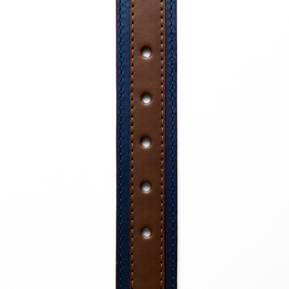 A vegan alternative MonkStory Dual Color Classic Mens Belt with a gold buckle.