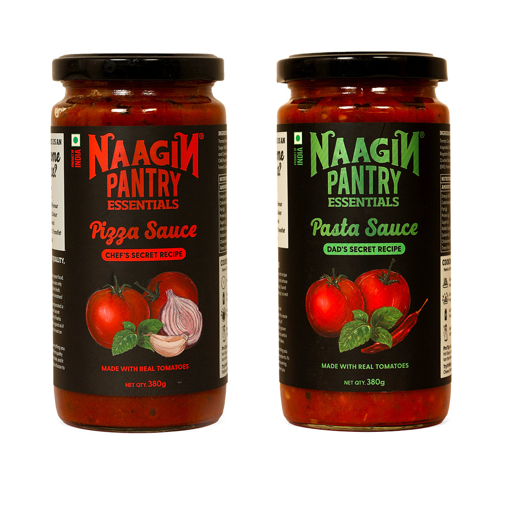 Naagin Sauce Pantry Essentials – Premium Pizza Sauce (380g) & Premium Pasta Sauce (380g) | Made with Fresh Vegetables & Guntur Chillies | 100% Vegan