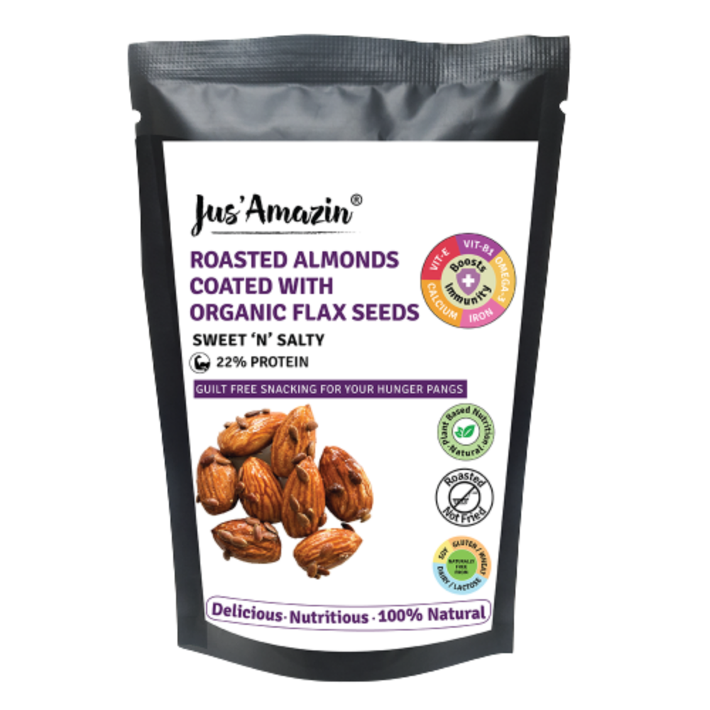 Jus Amazin Roasted Almond Coated with Organic Flax Seeds -Sweet 'N' Salty - Pack of 6