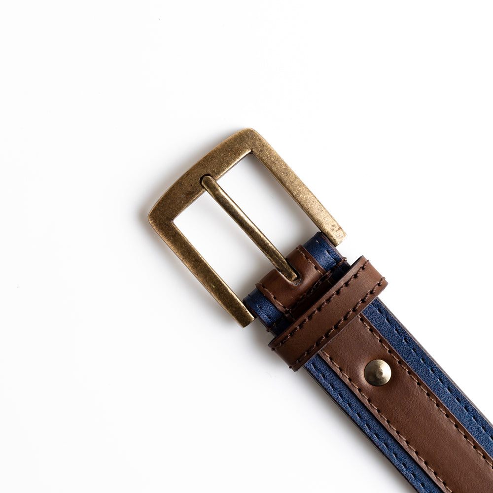 A vegan alternative MonkStory Dual Color Classic Mens Belt with a gold buckle.