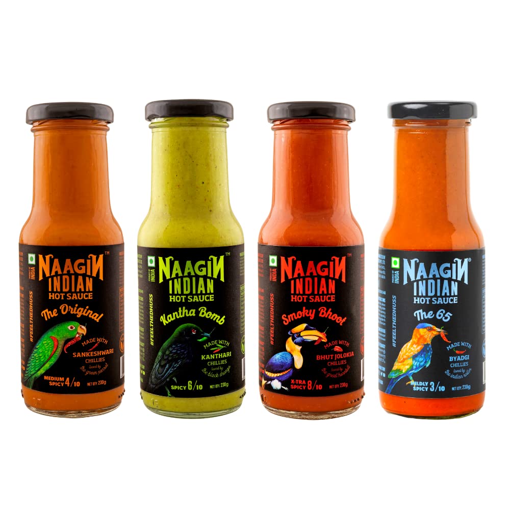 Naagin Sauce Indian Hot Chilli Spicy Sauce Combo - The Original, Kantha Bomb, Smoky Bhoot & The 65 | 230gm, Pack of 4
