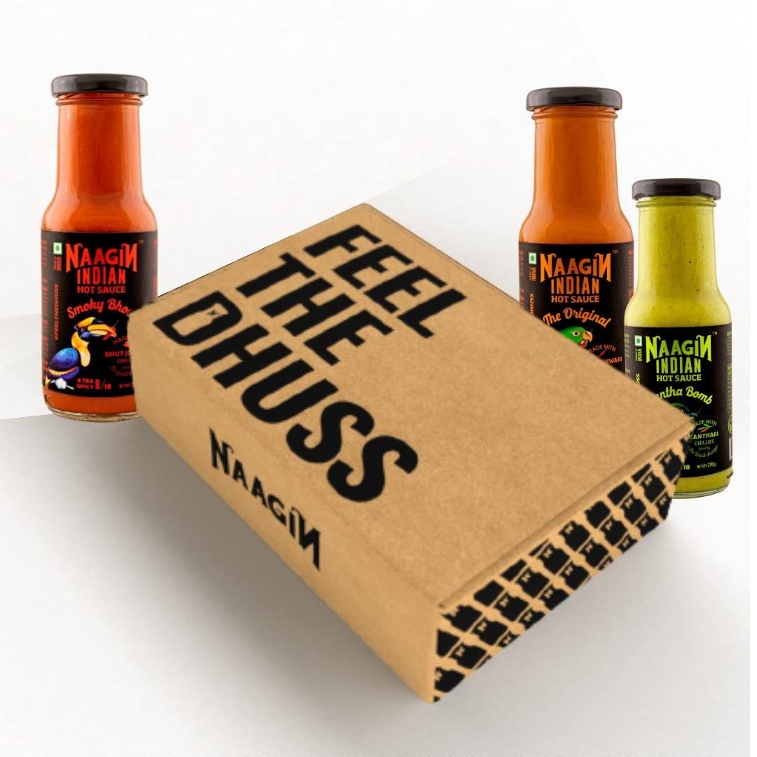 Naagin Sauce Gift Box - Indian Hot Sauce The Original, Kantha Bomb & Smoky Bhoot, Bottle (230gm, Pack of 3)