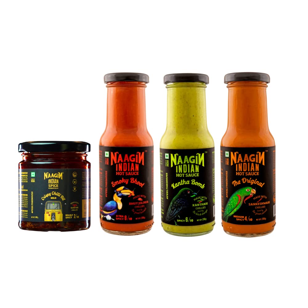 Naagin Sauce - Indian Hot Sauce Original, Kantha Bomb, Smoky Bhoot (230gm Each) & Crispy Chilli Oil Mild Bottle (140gm) (Pack Of 4)