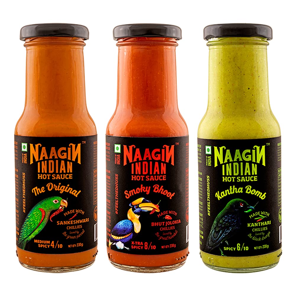 Naagin Sauce - Indian Hot Sauce The Original, Kantha Bomb & Smoky Bhoot, Bottle (230gm, Pack of 3)