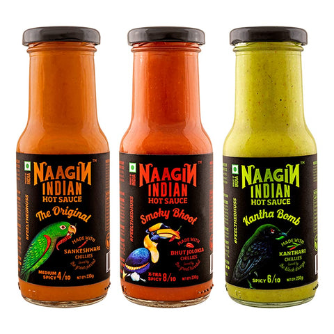Naagin Sauce - Indian Hot Sauce The Original, Kantha Bomb & Smoky Bhoot, Bottle (230gm, Pack of 3)
