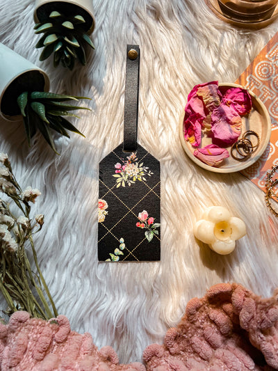 Cotton Canvas Vintage Floral Luggage Tag - Black, Floral Print