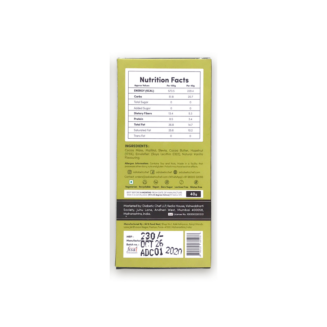 A Diabetic Chef Hazelnut Belgian Dark Chocolate | Organic and Sugarfree | 55% Premium Cocoa | Diabetic Friendly | Vegan - 40g each (Pack of 3)