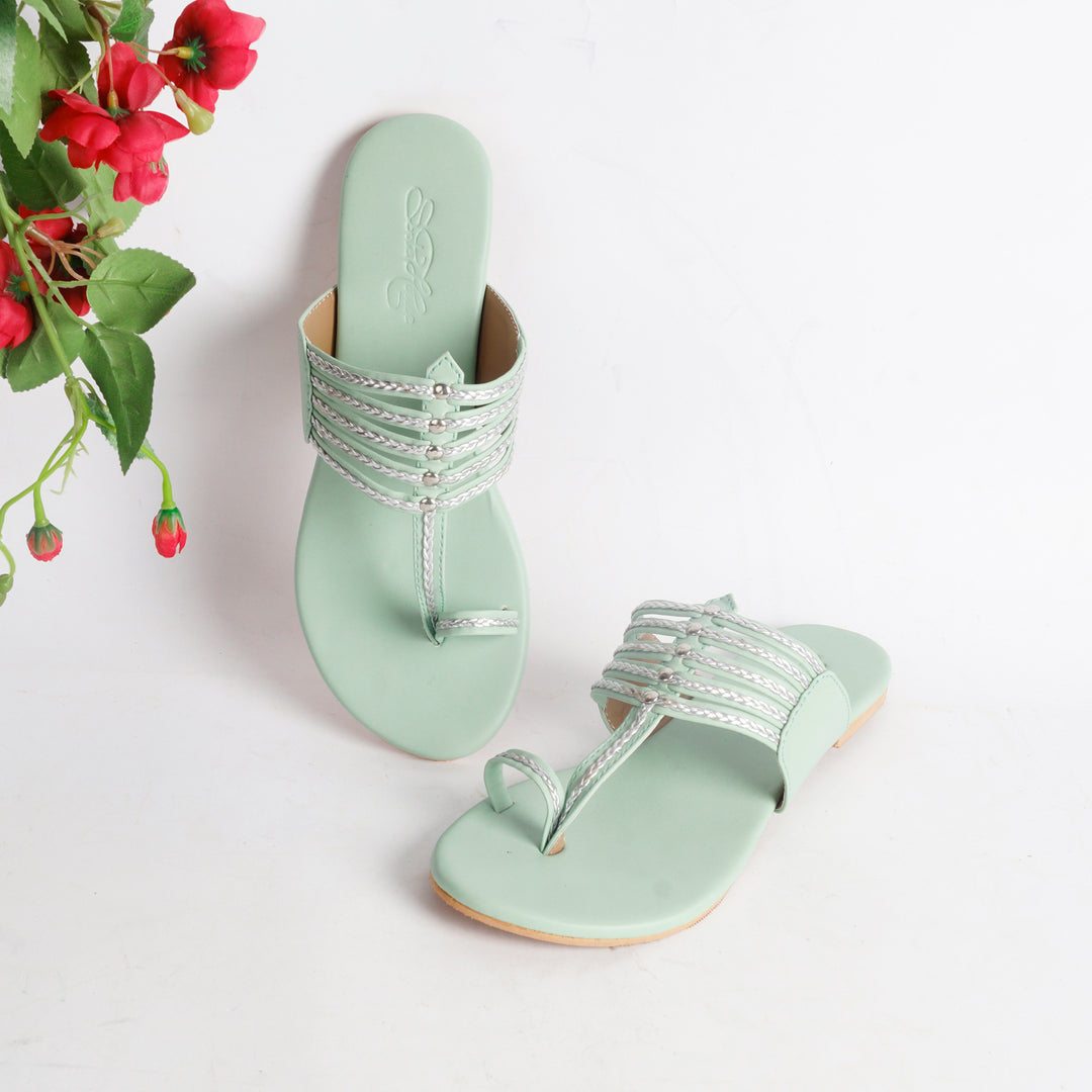 Sea Green Kolapuri with Silver Braiding and Silver Rivets