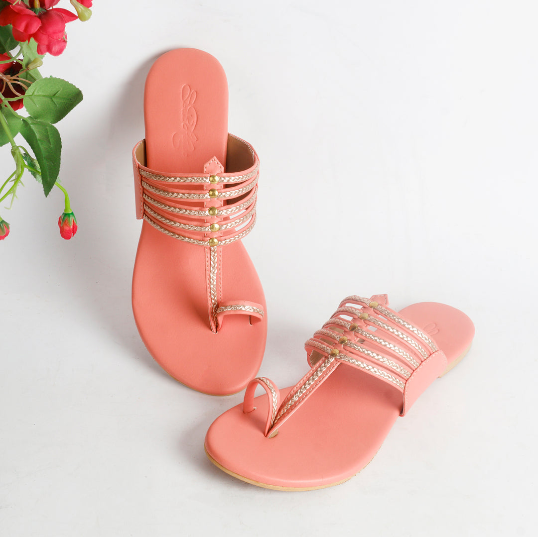 Peach Kolapuri with Gold Braiding and Gold Rivers