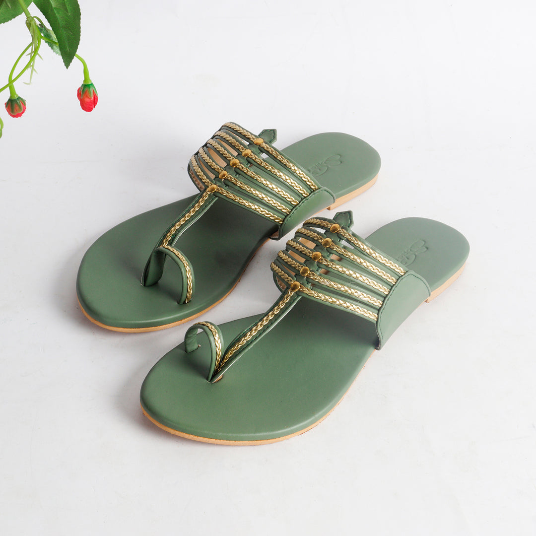 Olive Green Kolapuri With Gold Braid and Gold Rivets