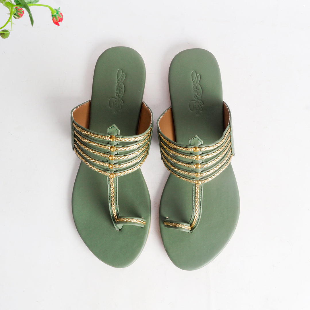Olive Green Kolapuri With Gold Braid and Gold Rivets