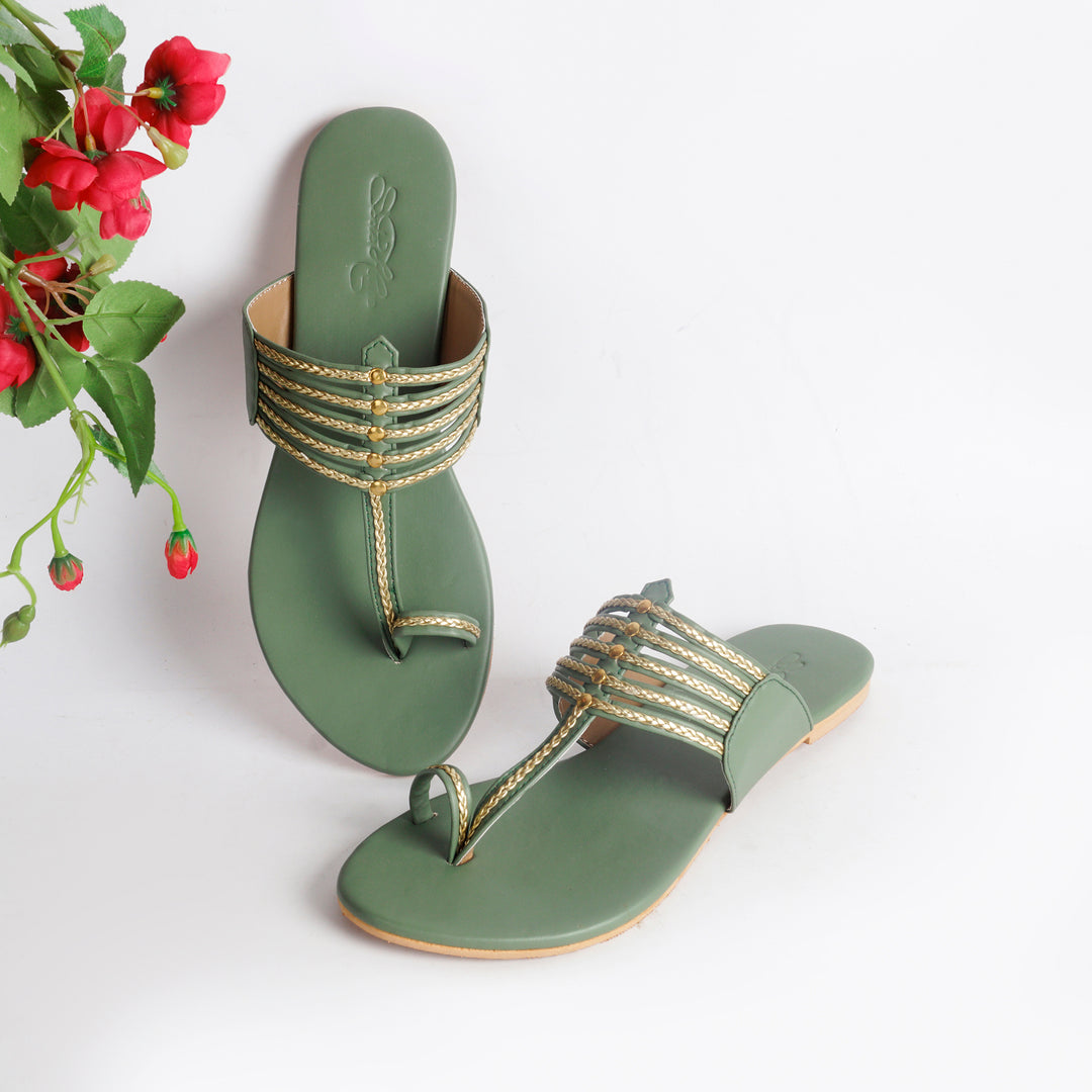 Olive Green Kolapuri With Gold Braid and Gold Rivets