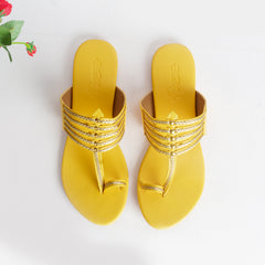 Yellow Kolapuri with Gold Braiding and Gold Rivets