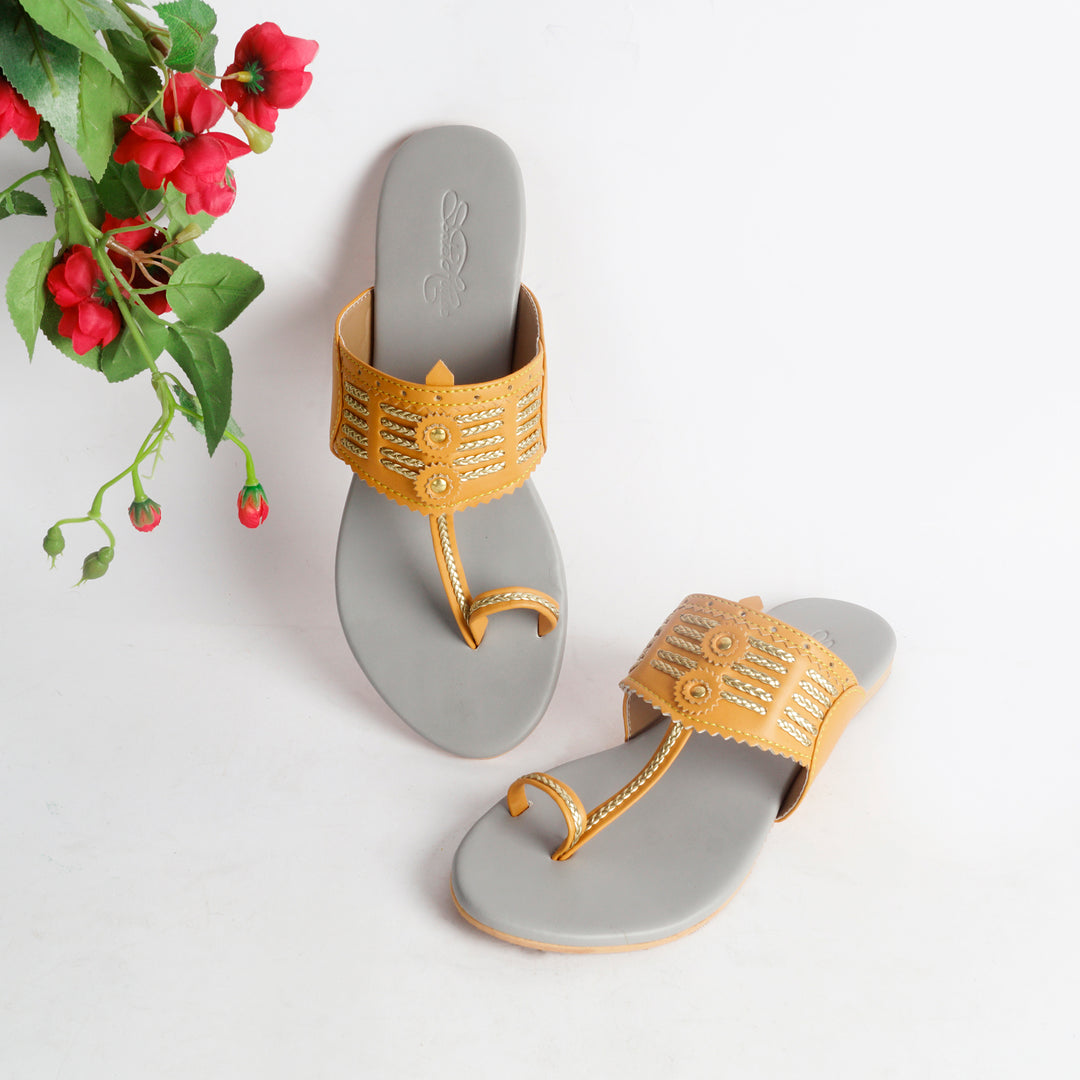 Yellow Multi Braid Kolapuri with Light Grey Base