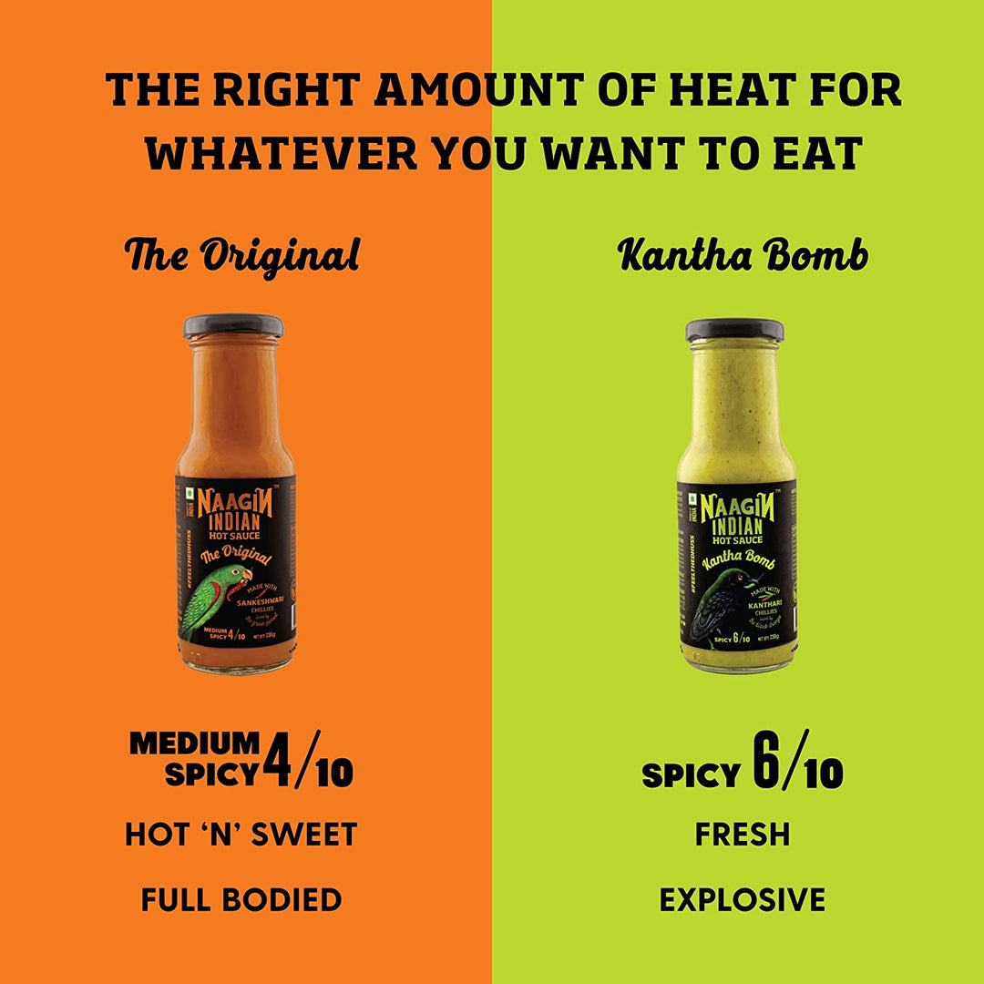 Naagin Sauce - Indian Hot Sauce The Original & Kantha Bomb, Bottle (230gm, Pack of 2)