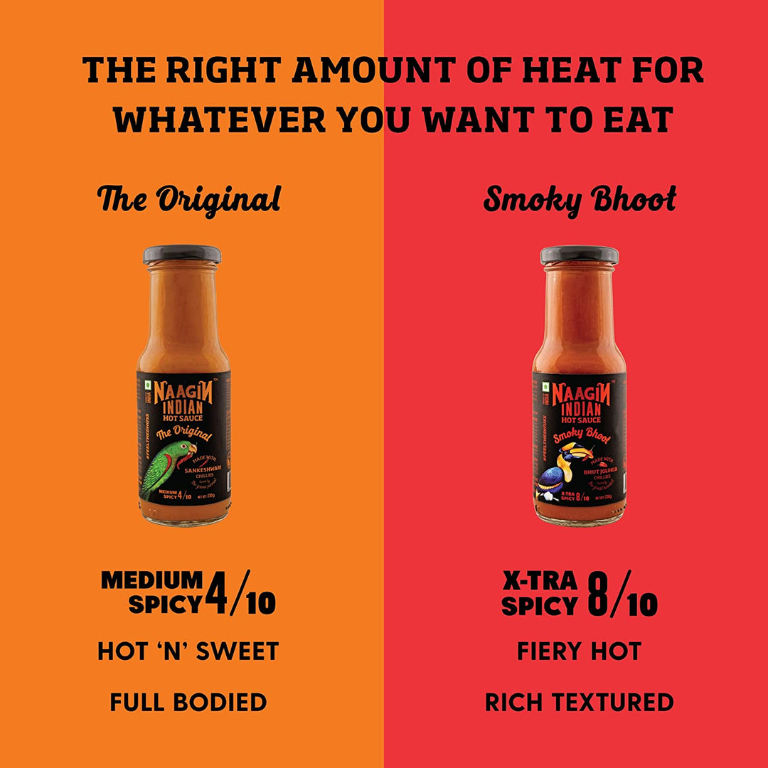 Naagin Sauce - Indian Hot Sauce The Original & Smoky Bhoot, Bottle (230gm, Pack of 2)