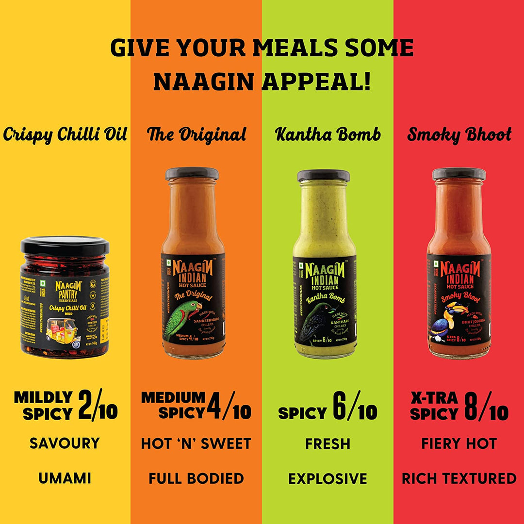 Naagin Sauce - Indian Hot Sauce Original, Kantha Bomb, Smoky Bhoot (230gm Each) & Crispy Chilli Oil Mild Bottle (140gm) (Pack Of 4)