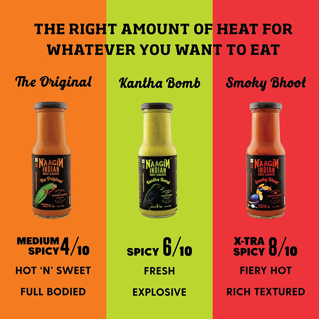 Naagin Sauce Gift Box - Indian Hot Sauce The Original, Kantha Bomb & Smoky Bhoot, Bottle (230gm, Pack of 3)