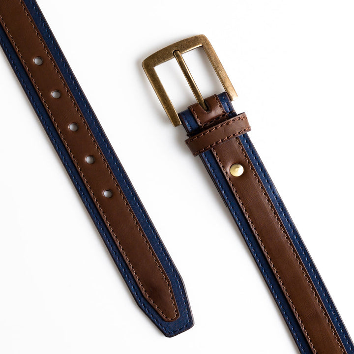 A vegan alternative MonkStory Dual Color Classic Mens Belt with a gold buckle.