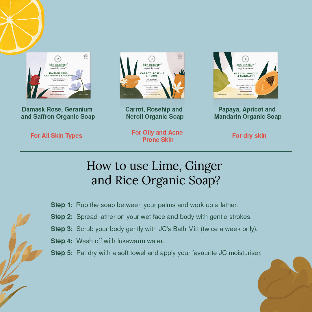 Lime, Ginger & Rice Organic Soap For Skin Brightening & Tan Removal- 100 gm