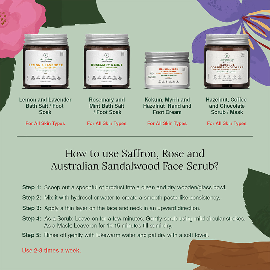 Saffron, Rose & Australian Sandalwood-Organic Face Scrub-Skin Brightening and Rejuvenating Scrub - 75gm