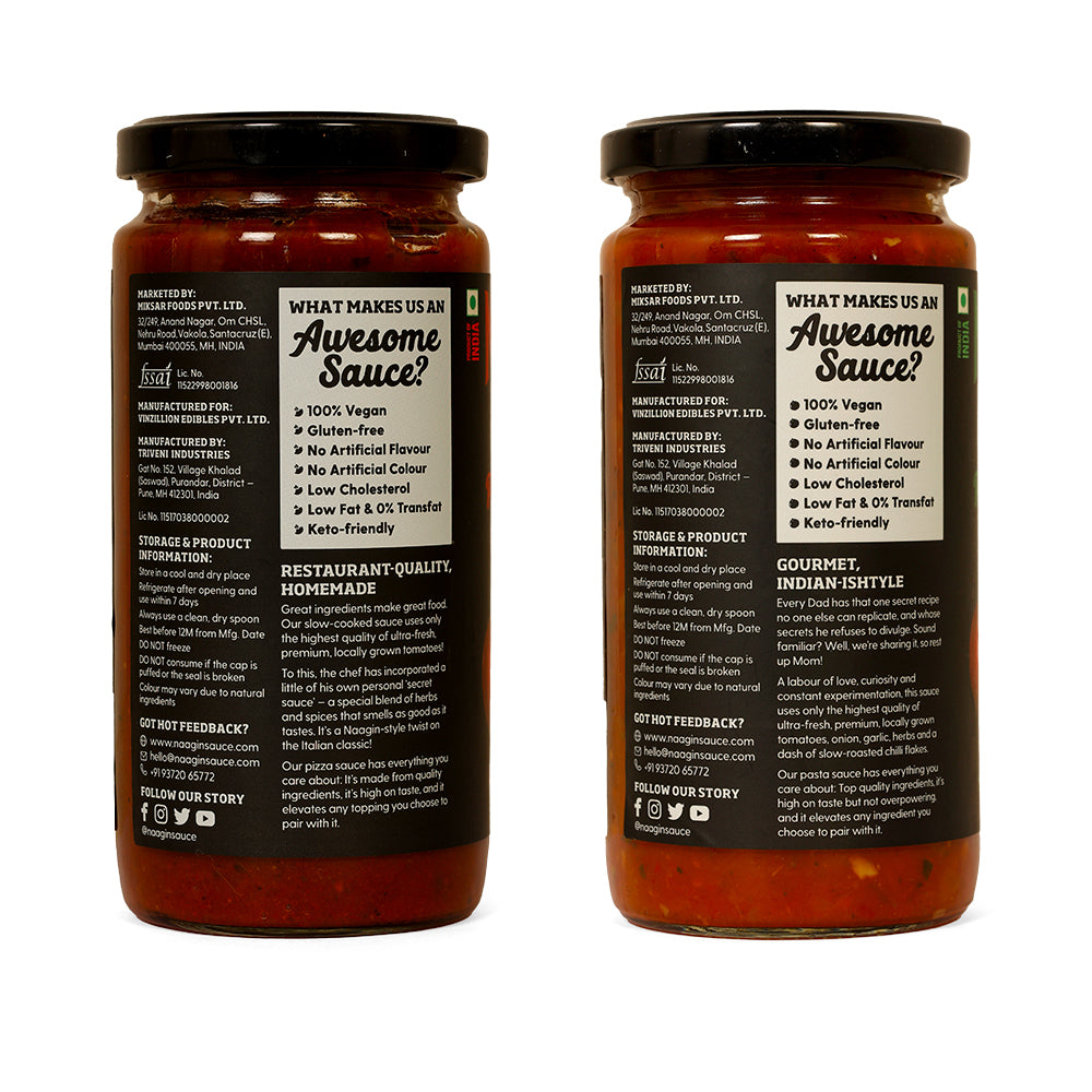 Naagin Sauce Pantry Essentials – Premium Pizza Sauce (380g) & Premium Pasta Sauce (380g) | Made with Fresh Vegetables & Guntur Chillies | 100% Vegan