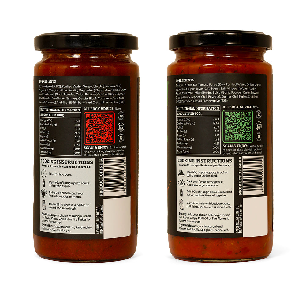 Naagin Sauce Pantry Essentials – Premium Pizza Sauce (380g) & Premium Pasta Sauce (380g) | Made with Fresh Vegetables & Guntur Chillies | 100% Vegan