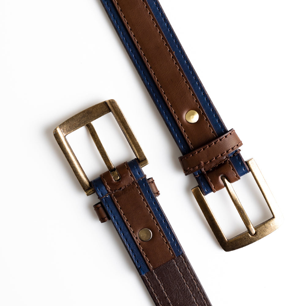 A vegan alternative MonkStory Dual Color Classic Mens Belt with a gold buckle.