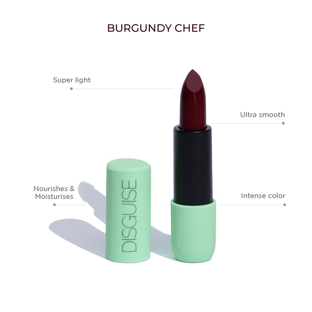 Disguise Cosmetics Satin Matte Lipstick Burgundy Chef 03 | ULTRA LIGHT & COMFORTABLE | ENRICHED WITH PLANT OILS