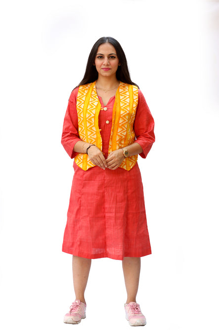 Agati Design Bodhi Yarn Woven Dress with Batik Jacket | Khadi Cotton | Rust Orange, M-XL