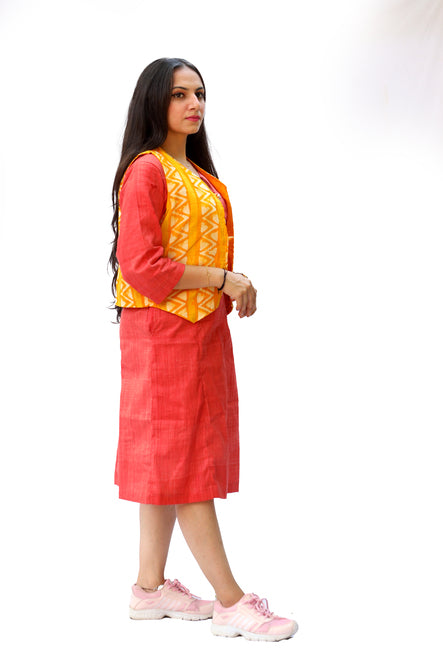 Agati Design Bodhi Yarn Woven Dress with Batik Jacket | Khadi Cotton | Rust Orange, M-XL