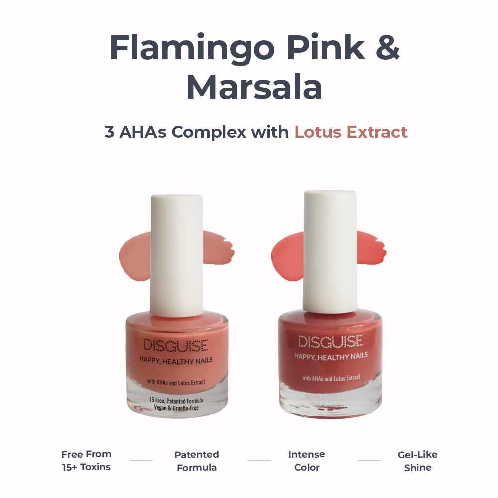 Disguise Cosmetics Flamingo Pink 111 + Marsala 110 - Nail Colour, 21 TOXIN FREE | WITH AHA & LOTUS EXTRACT | INTENSE COLOR | 9 ml