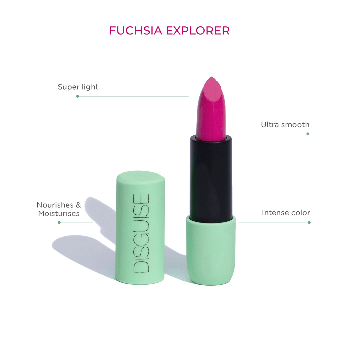 Disguise Cosmetics Satin Matte Lipstick Fuchsia Explorer 01 | ULTRA LIGHT & COMFORTABLE | ENRICHED WITH PLANT OILS