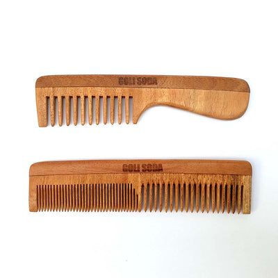 Goli Soda Neem Wood Combs - Wide Tooth with Handle & Double Tooth